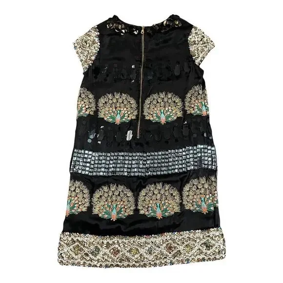 Manoush Black Beaded Sequin Peacock Shift Dress Size 4